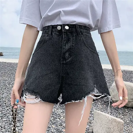 黑色牛仔短裤女高腰显瘦a字宽松阔腿裤毛边韩版学生百搭热裤ins潮商品大图