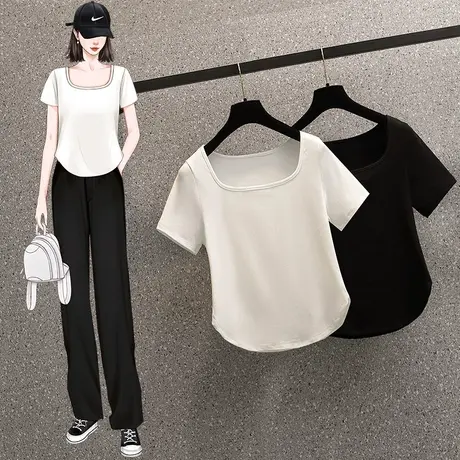 2023夏季设计感小众纯欲风甜辣妹性感u领短袖t恤女不规则短款上衣商品大图