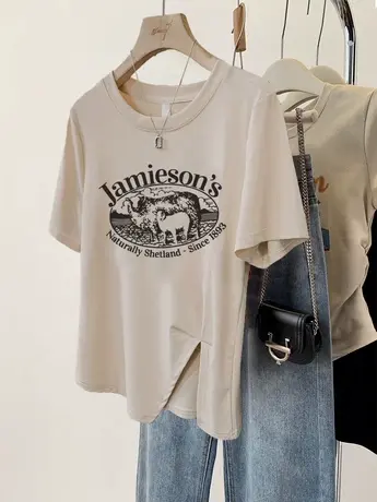 胖mm不规则下摆上衣女夏2023新款ins潮开叉设计感闺蜜百搭短袖T恤商品大图