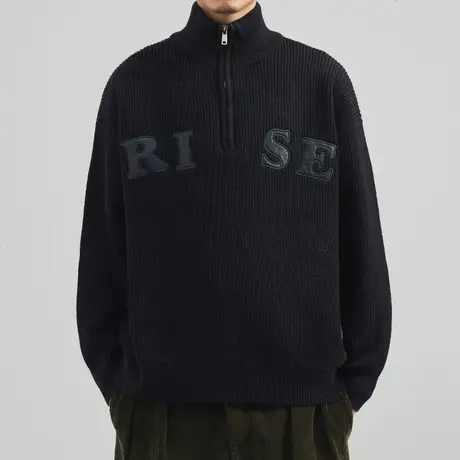 奕飏字母贴皮高领毛衣国潮牌宽松秋冬季情侣针织衫拉链开衫外套男商品大图