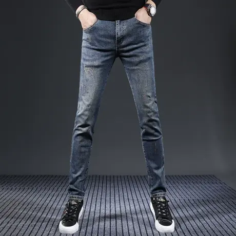 男士牛仔裤男款修身小脚秋冬款复古怀旧蓝高级弹力显瘦男士裤子商品大图