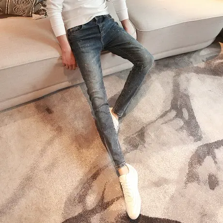 2023秋冬新款做旧泼墨牛仔裤男韩版修身潮流小脚裤青年显瘦铅笔裤商品大图