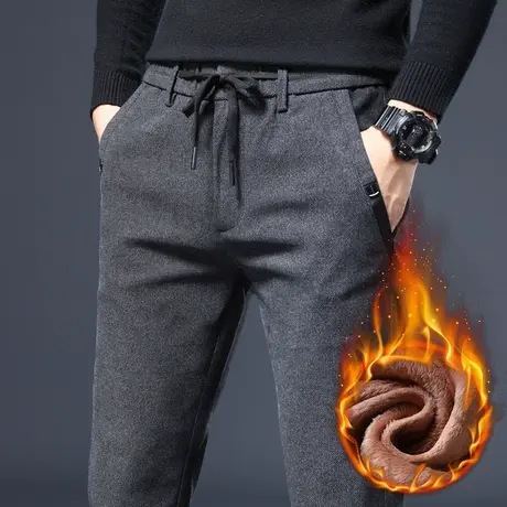 男装宽松紧腰加厚防寒冬季休闲裤子秋冬款修身小直筒抓绒保温西裤商品大图