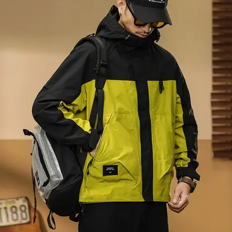 潮牌撞色防风登山冲锋衣秋冬季男士痞帅工装夹克外套上衣2024新款商品大图
