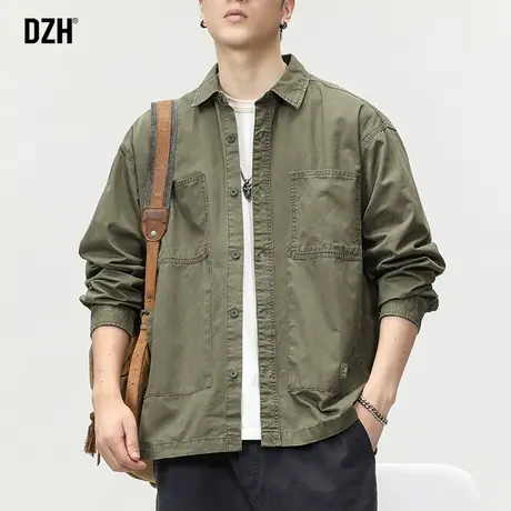 男士军绿色工装衬衫男长袖外搭宽松上衣设计感休闲痞帅外套春秋款商品大图
