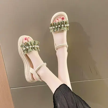 配裙子凉鞋女2024年夏季新款仙女风百搭法式厚底坡跟松紧带罗马鞋商品大图