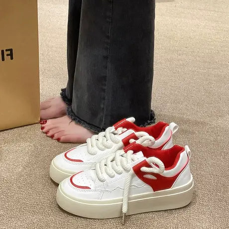 粗鞋带设计小白鞋休闲百搭韩版ins复古小众厚底面包板鞋早春新款商品大图