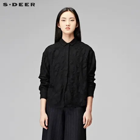 sdeer圣迪奥2018冬装翻领肌理印花黑色长袖衬衫S17480597图片
