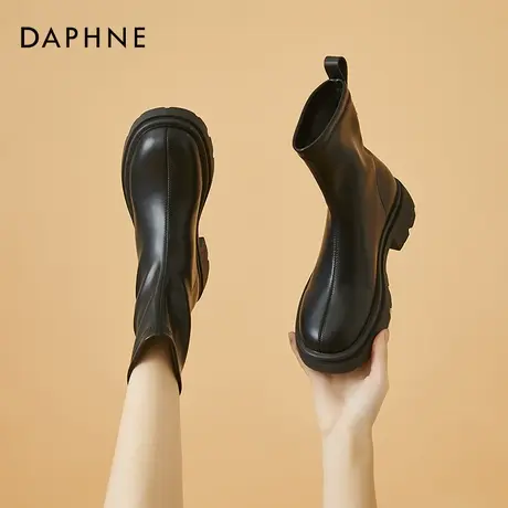 达芙妮瘦瘦靴2021年冬季新款软皮黑色厚底加绒短靴女英伦风马丁靴商品大图