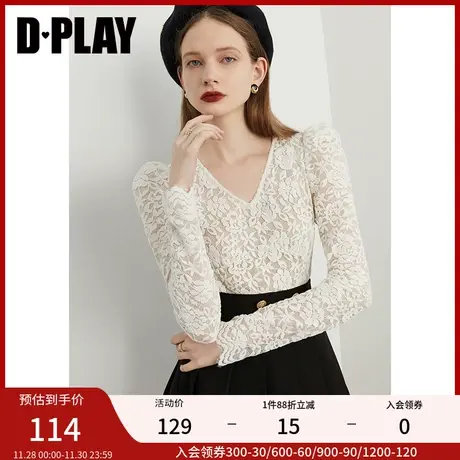 DPLAY春新款法式泡泡羊腿袖柔软弹力蕾丝白色小衫商品大图