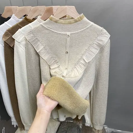 一体绒半高领毛衣女加绒厚打底衫2023秋冬新款蕾丝针织衫内搭上衣商品大图