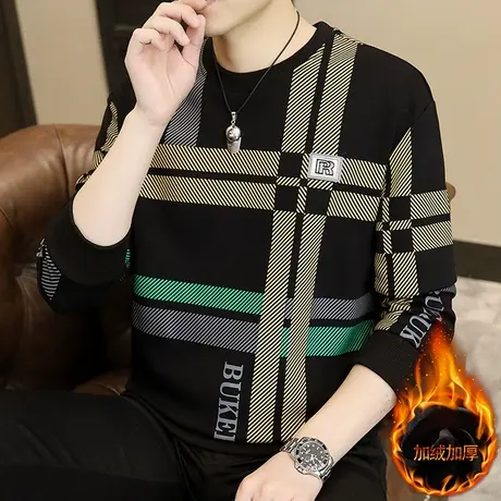 男士卫衣2023秋季新款长袖T恤加绒加厚保暖衣服潮流秋衣打底衫男商品大图