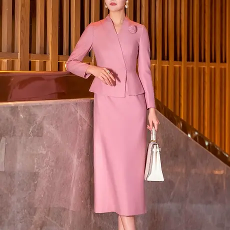 粉色连衣裙女春秋2024新款时尚气质修身显瘦中长款假两件长袖裙子图片