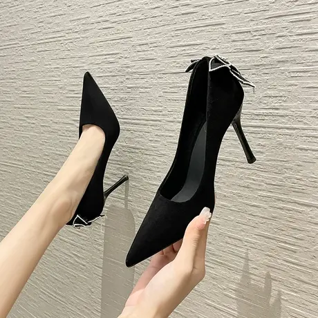 黑色高跟鞋女2024年新款春季百搭尖头水钻蝴蝶结细跟单鞋配裙子商品大图