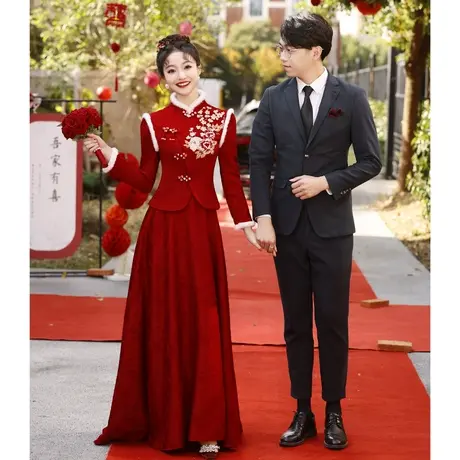敬酒服2024新款新娘旗袍酒红色订婚礼服裙中式结婚长袖加厚冬季女商品大图
