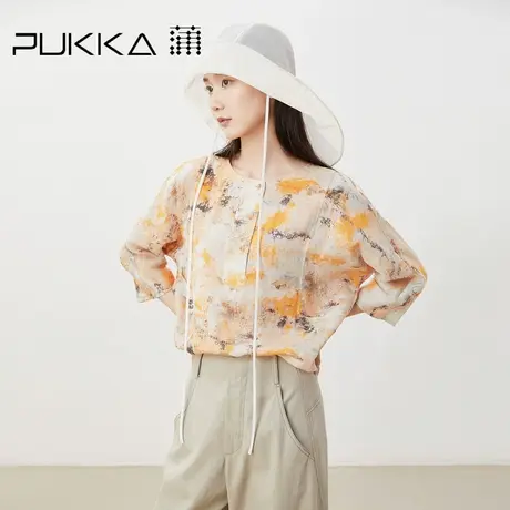 蒲PUKKA 原创设计女装2023早春纯亚麻圆领休闲显瘦印花衬衫商品大图