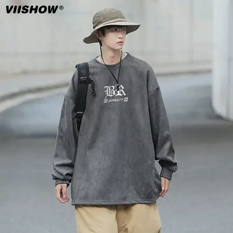 VIISHOW卫衣男圆领春美式街头潮牌麂皮绒男生宽松打底衫长袖外套商品大图