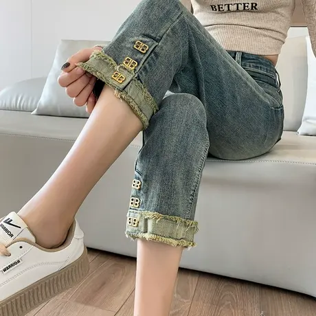 九分排扣牛仔裤女2025春秋新款高腰显瘦大码八分直筒小个子烟管裤图片