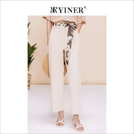 YINER音儿女装夏季通勤高腰直筒丝巾腰带米色休闲裤商品大图