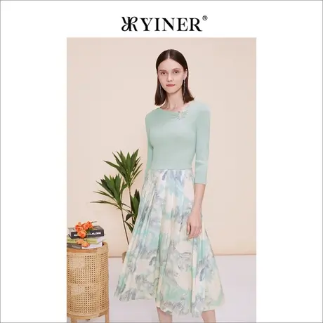 YINER音儿春季法式优雅三醋酸印花拼接七分袖针织连衣裙商品大图