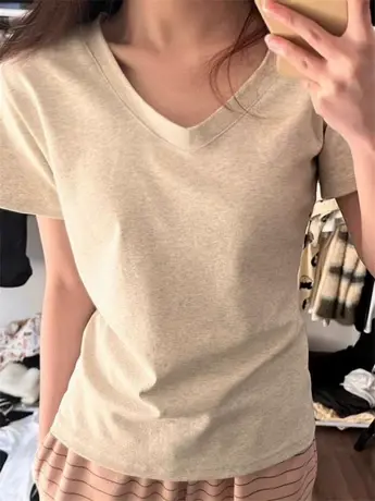 正肩短袖V领t恤女装2024夏季新款纯棉修身显瘦基础款百搭灰色上衣图片