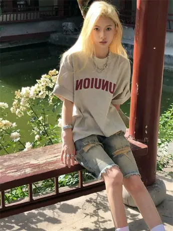 纯棉美式复古设计感短袖t恤女夏季小众宽松chic港味半袖上衣体恤图片