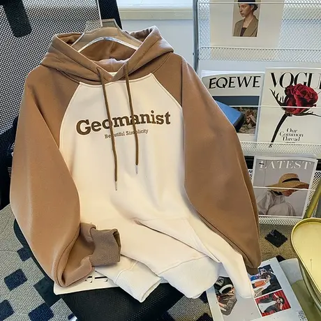 拼色设计感连帽卫衣女秋冬加绒加厚ins潮牌chic港风宽松大码外套商品大图