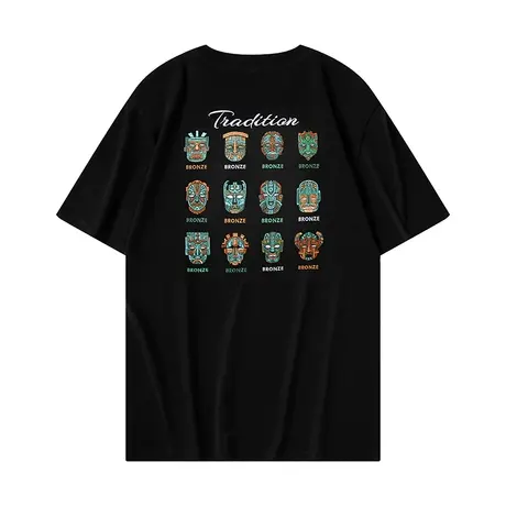 男生刺绣t恤圆领纯棉玛雅人国潮风格宽松加大加肥2024年新款上衣商品大图