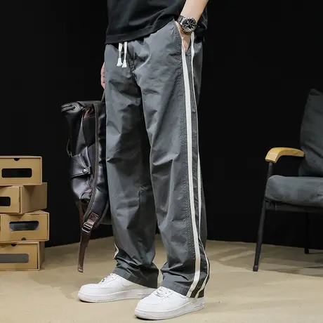 条纹直筒休闲裤男2024新款宽松大码潮牌夏季薄款灰色冰感裤子百搭商品大图