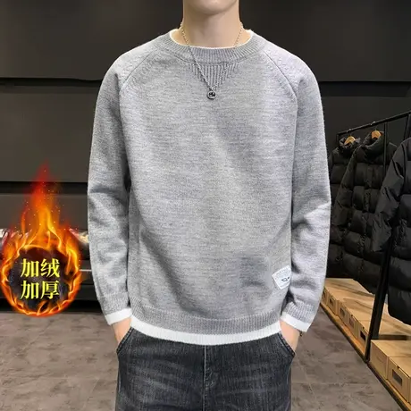 毛衣男士秋冬厚款潮流宽松纯色针织衫韩版复古学生圆领慵懒风上衣商品大图