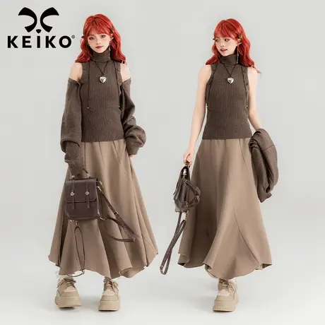 KEIKO 早春复古叠穿针织衫套装2024春季咖色外套开衫+高领小背心图片