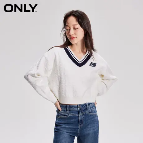 ONLY奥莱春季新款设计感休闲V型刺绣螺纹修身针织衫女商品大图