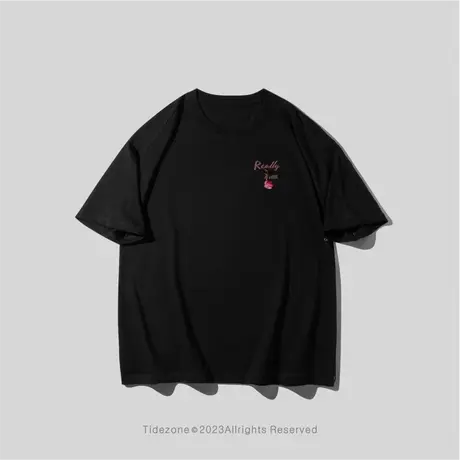 Ohlyah夏季大码潮牌玫瑰花卉印花打底t恤无性别男女街头落肩短袖图片