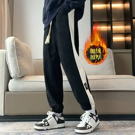 冬季拼接雪尼尔休闲裤男潮流宽松加绒哈伦卫裤撞色灯芯绒束脚长裤商品大图