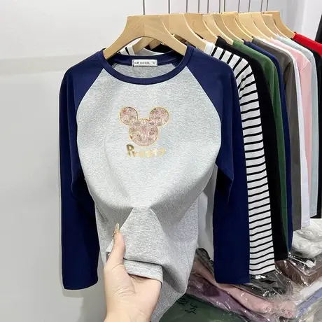 美式复古撞色t恤女长袖春秋季纯棉大码叠穿内搭打底衫磨毛加厚图片