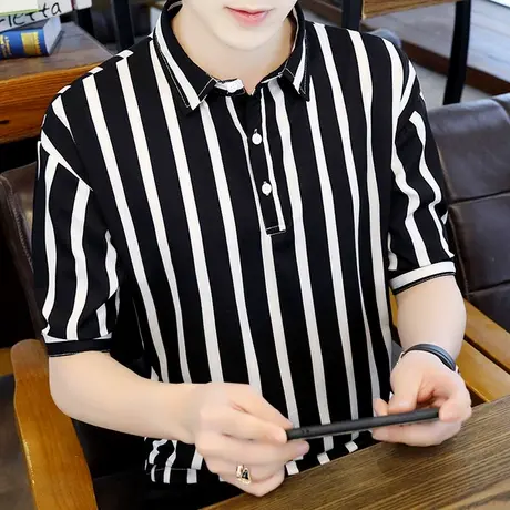 短袖男士夏季t恤新款潮流翻领中袖POLO衫韩版宽松五分半袖体恤衫商品大图