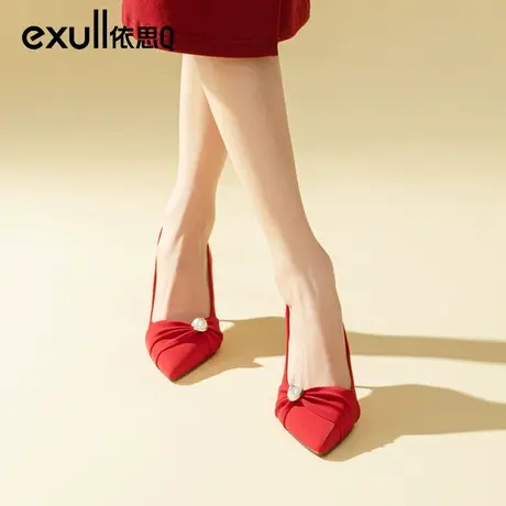 依思q红色高跟鞋细跟女鞋2023新款婚鞋新娘鞋尖头宴会配裙子单鞋图片