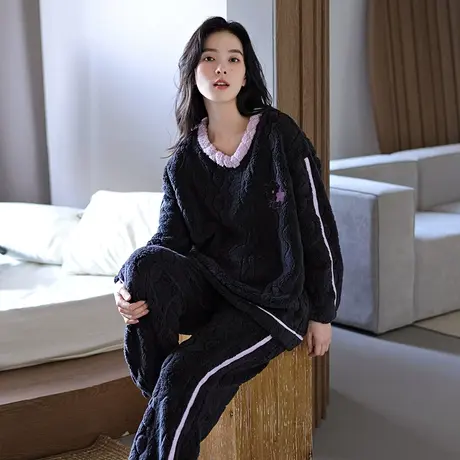 婷美睡衣女士冬季长毛绒套头圆领休闲大码家居服加厚加绒保暖套装商品大图