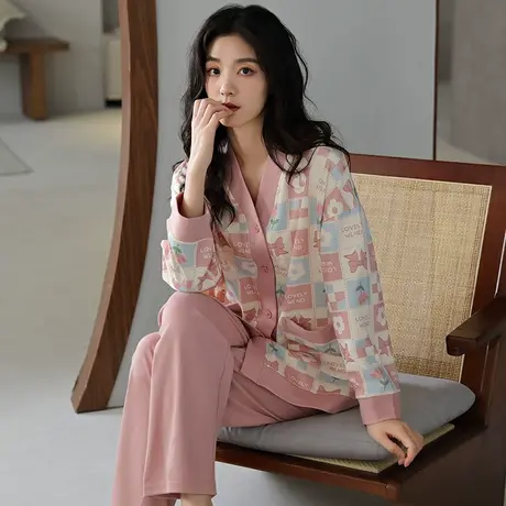 婷美睡衣女春秋季纯棉长袖开衫V领宽松大码秋冬款休闲家居服套装商品大图