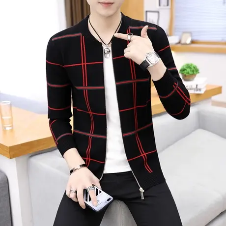 2023新款韩版潮流薄款针织衫外套男春秋季开衫格子毛线衣男装夹克商品大图