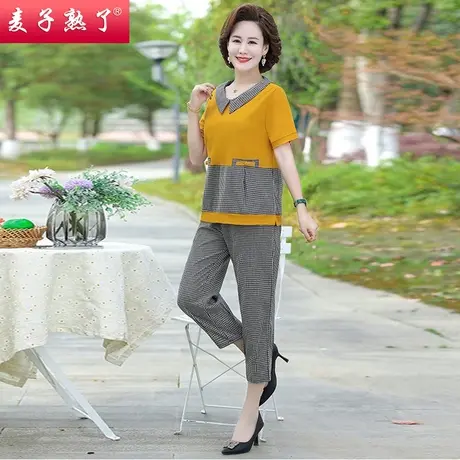 妈妈夏装洋气两件套装休闲短袖T恤小衫上衣阔太太春款中老年女装商品大图