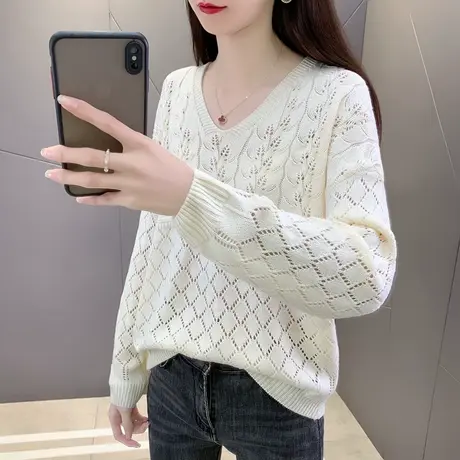 2023 新款秋冬女士毛衣针织衫上衣V领宽松套头长袖百搭镂空打底商品大图