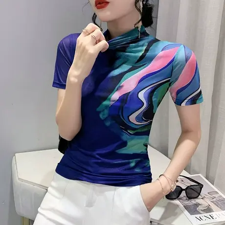 性感网纱短袖上衣女欧货复古半高领T恤2023流行漂亮印花修身小衫商品大图