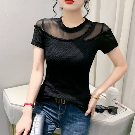 2023夏装新款性感修身上衣女短袖时尚网纱拼接T恤ins洋气钉珠小衫商品大图