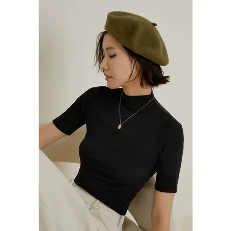 弥古黑色半高领短袖t恤女2023新款秋季修身针织上衣打底衫高级感商品大图