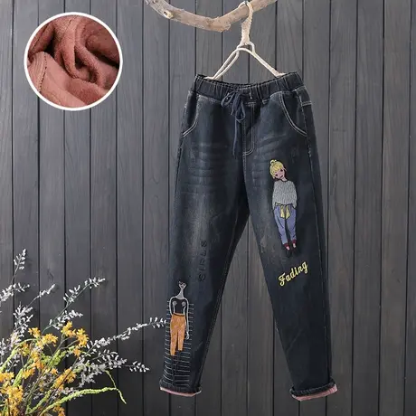 冬季加绒新款保暖长裤 松紧腰系带刺绣哈伦裤做旧水洗女士牛仔裤图片