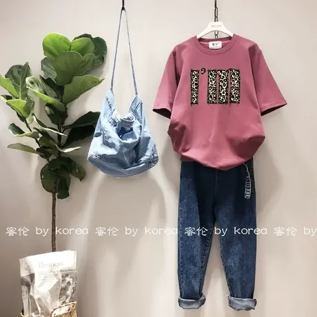 2019春秋冬款韩国东大门chic休闲豹纹字母磨毛半袖T恤打底衫大码商品大图