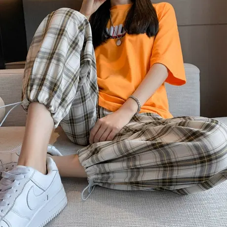 格子裤女夏季薄款宽松直筒高腰裤子小个子束脚九分运动休闲阔腿裤商品大图