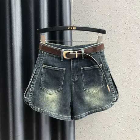 洋气复古牛仔短裤女2023秋季新款侧开叉宽松显瘦A字高腰阔腿裤潮图片