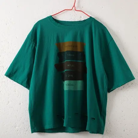 dza复古宽松纯棉破洞短袖t恤女士春夏新款上衣休闲打底衫半袖体恤商品大图